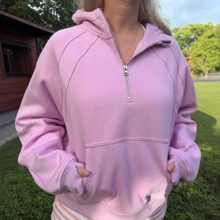 Damen oversized Kapuzenpullover mit kurzem Reißverschluss, Kängurutasche und leichtem Fleecefutter Drune