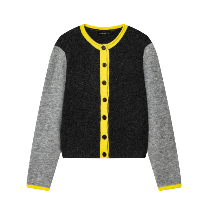 Damen nan kurze zweifarbige Wollcardigan mit kontrastierter Knopfleiste geripptem Saum und Hornknöpfen Drune