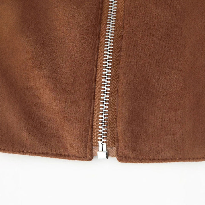 Damen nan cropped Wildlederoptik Jacke mit Hemdkragen durchgehendem Metallreißverschluss und seitlichen Reißverschlusstaschen Drune