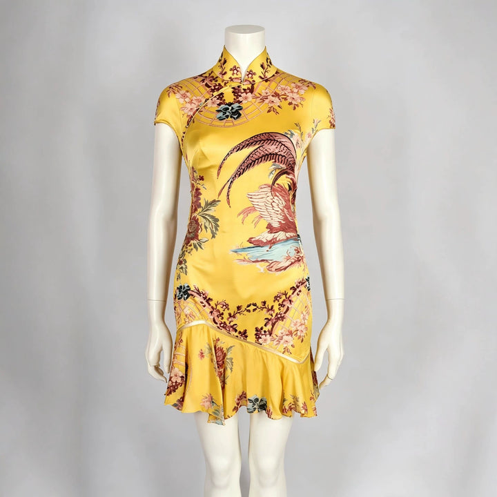 Damen Chiffon-Kleid mit asiatischem Design und Rüschendetails Drune
