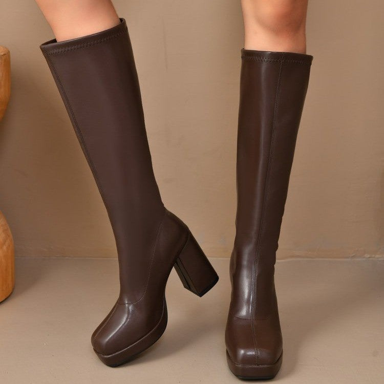 Damen Plateau-Kniestiefel mit klobigem Blockabsatz und Stretchschaft Drune