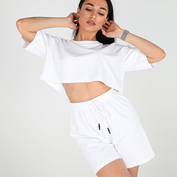 Damen Zweiteiliges Cropped-Lounge-Set aus Baumwolljersey mit elastischer Kordelzug-Shorts Drune