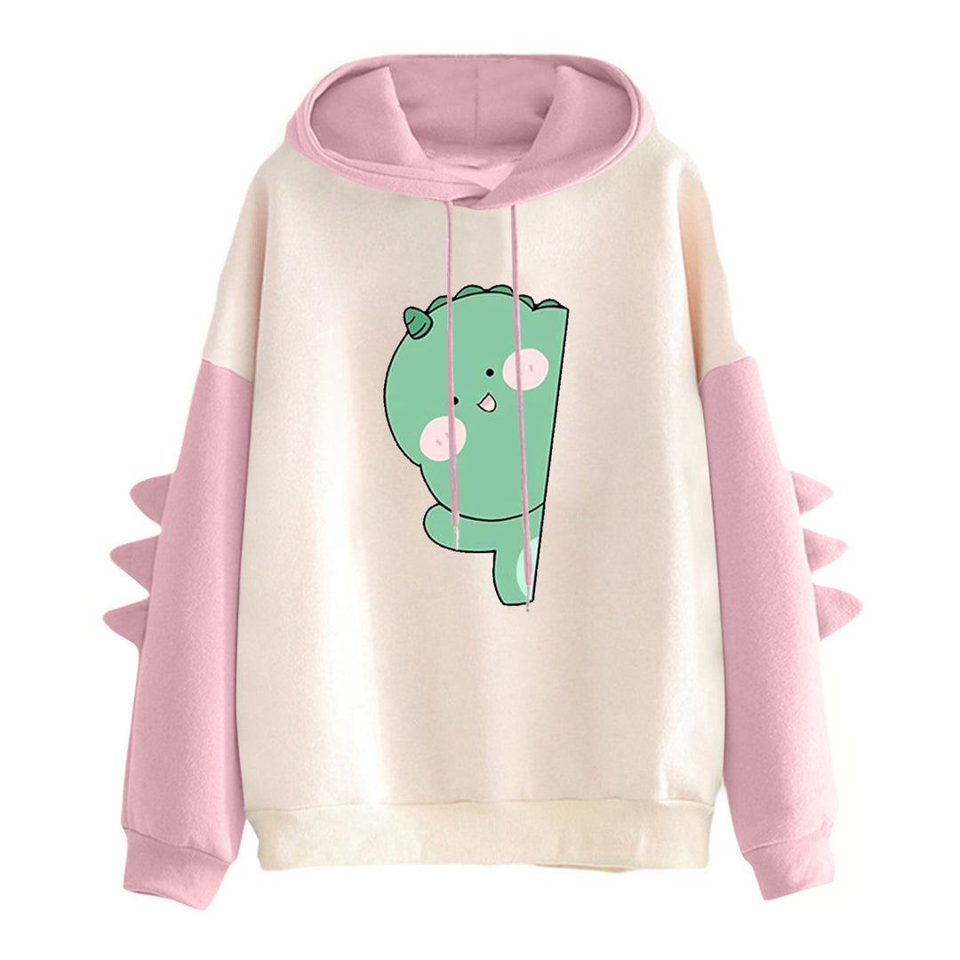 Damen nan weiter Kapuzenpullover mit dreidimensionalen Rückenstacheln und niedlichem Dino-Print Drune