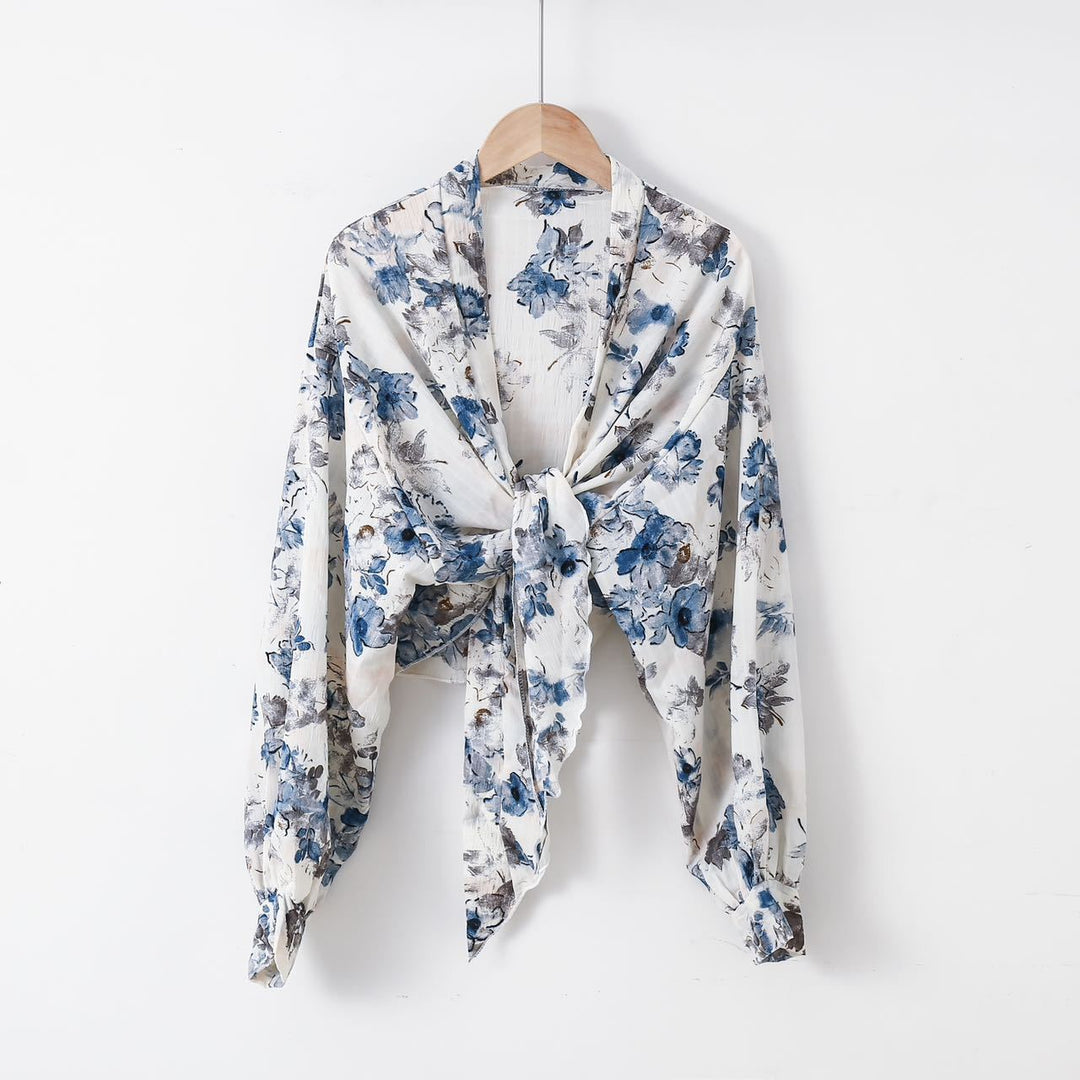 Damen nan florale Knoten-Bluse im Wickelstil mit Ballonärmeln und leichter Leinenoptik Drune