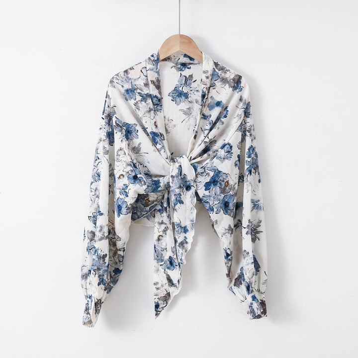 Damen nan florale Knoten-Bluse im Wickelstil mit Ballonärmeln und leichter Leinenoptik Drune