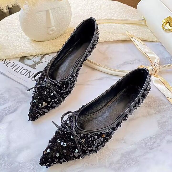 Damen funkelnde Ballerinas mit spitzem Zehenbereich und dekorativem Paillettenschmuck Drune