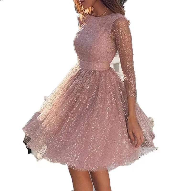 Damen Glitzerndes Tüllkleid mit langen Ärmeln und schwingendem Rock Drune