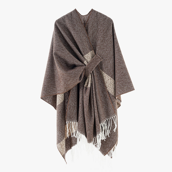 Damen Oversize-Capeponcho aus Wollmix mit diagonaler Kontrastkante und Fransen Drune