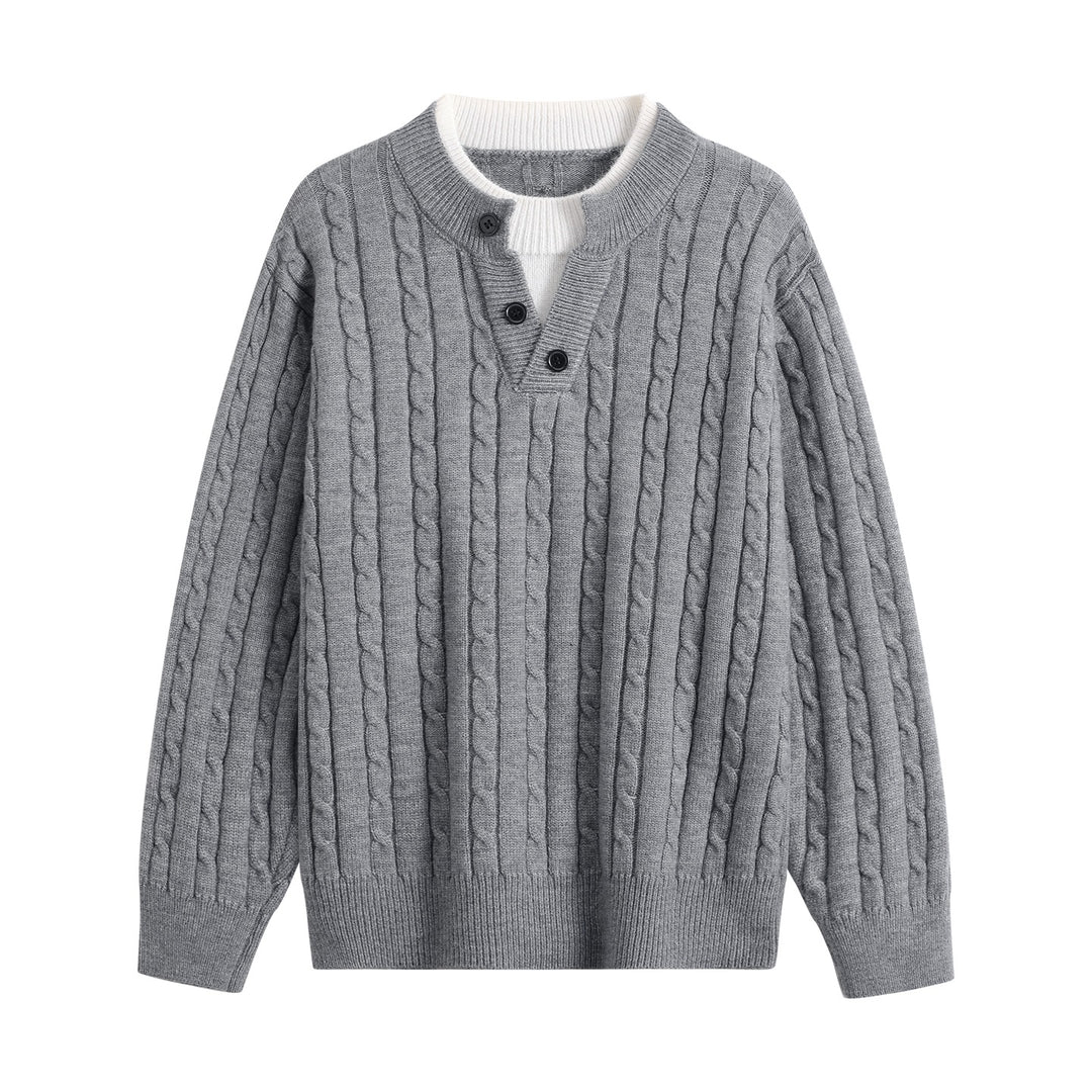 Damen Oversize Zopfstrick-Pullover mit Henley‑Kragen und Kontrastinnenkragen Drune