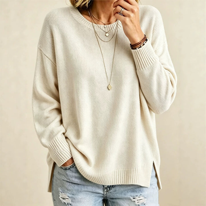 Damen Locker geschnittener Rundhals-Feinstrickpullover mit Seitenschlitzen und gerippten Bündchen Drune