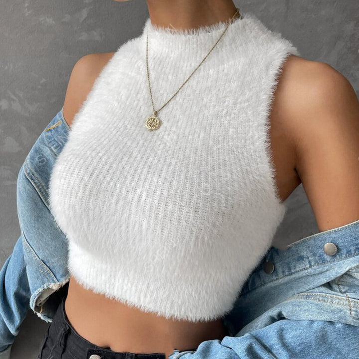 Damen Kurz geschnittenes ärmelloses geripptes Strick-Crop-Top mit Stehkragen Drune