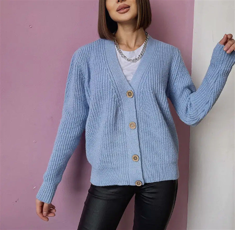 Damen Boxy-Grobstrick-Cardigan mit tiefer V-Leiste, Holzknopfverschluss und geripptem Saum Drune