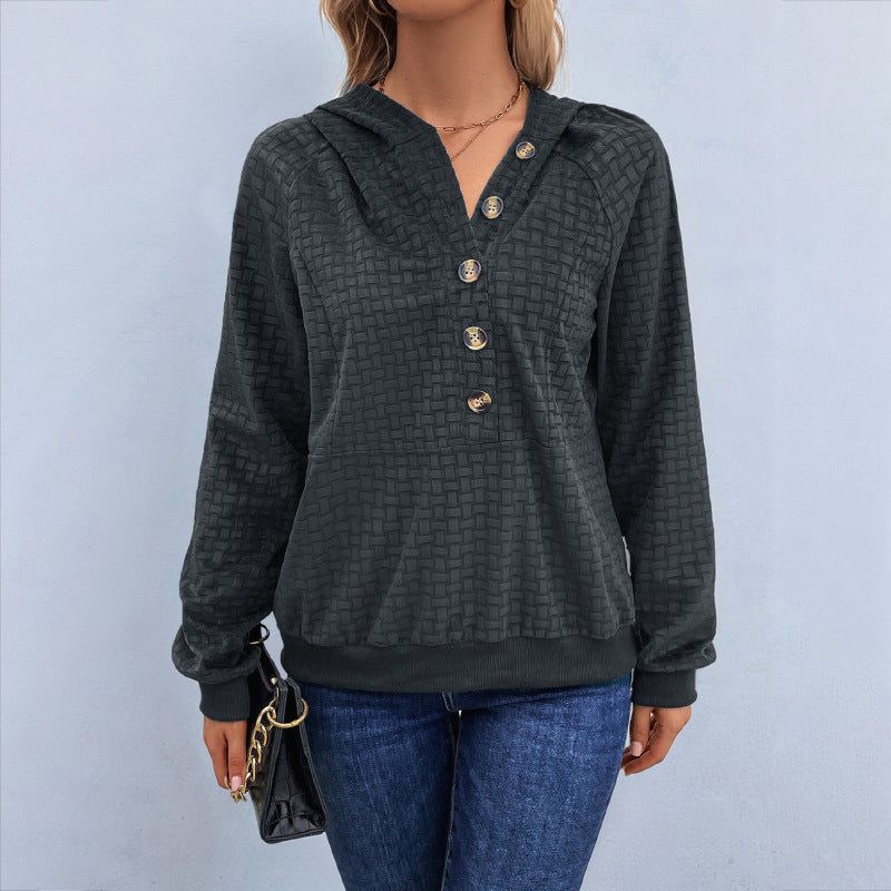 Damen Texturiertes Kapuzen-Henley-Pullover mit Knopfleiste und Kängurutasche Drune