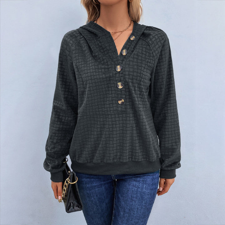 Damen Texturiertes Kapuzen-Henley-Pullover mit Knopfleiste und Kängurutasche Drune