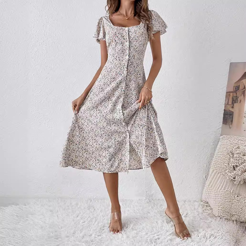 Damen nan tailliertes Midikleid mit quadratischem Ausschnitt, verdeckter Knopfleiste und fließendem A-Linien-Rock Drune
