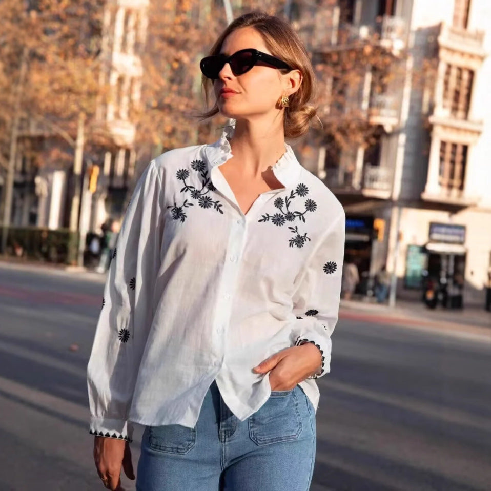 Damen nan bestickte Bluse mit Volumenärmeln und Rüschenstehkragen Drune
