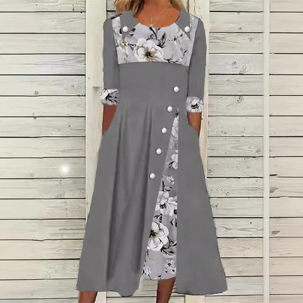 Damen Midi-Kleid mit floralem Kragen und durchgehenden Knopfdetails Drune