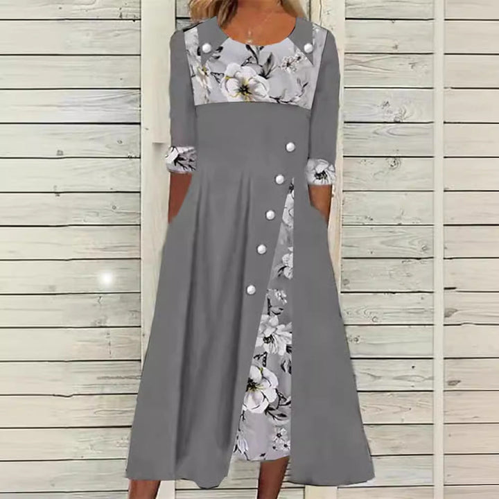 Damen Midi-Kleid mit floralem Kragen und durchgehenden Knopfdetails Drune