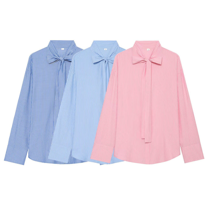 Damen Weite Bluse mit Schluppenkragen und Nadelstreifen Drune