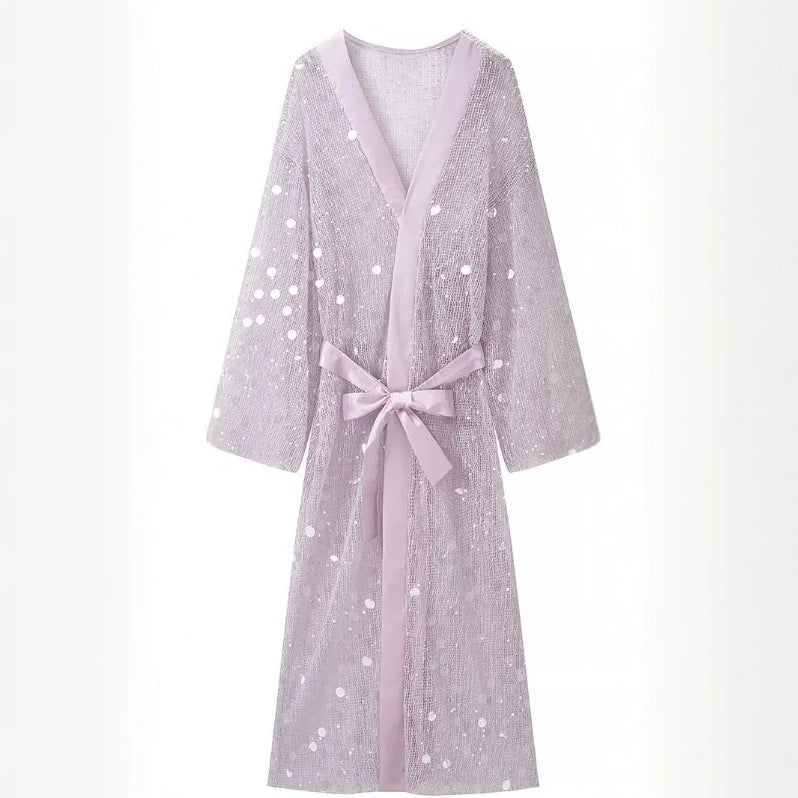 Damen Glamouröses Maxikleid mit V‑Ausschnitt, Pailletten‑Overlay und Taillengürtel Drune