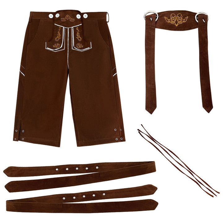 Herren nan traditionelle bayerische Trachtenlederhose knielang mit bestickten Hosenträgern Drune
