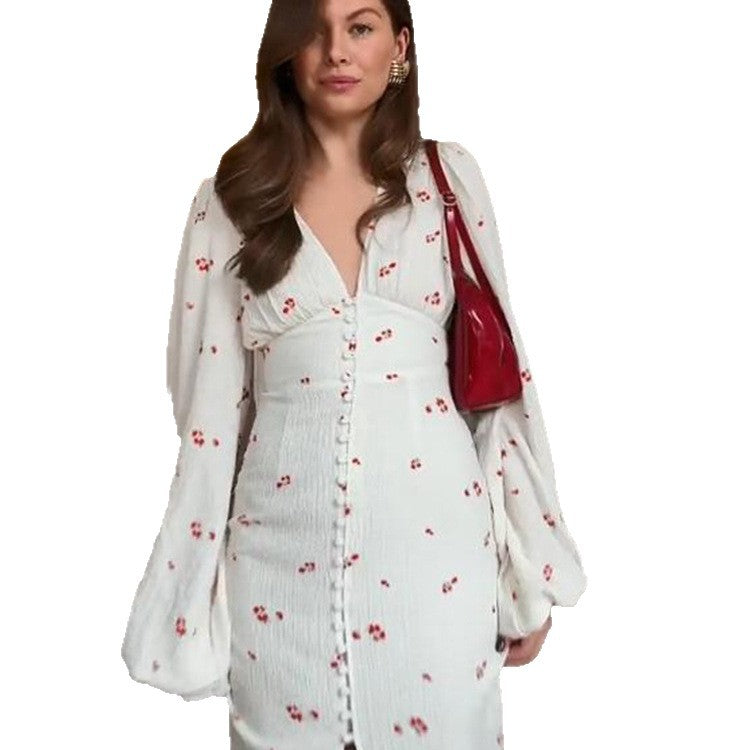 Damen Midikleid mit Puffärmeln, V-Ausschnitt und dekorativer Knopfleiste Drune