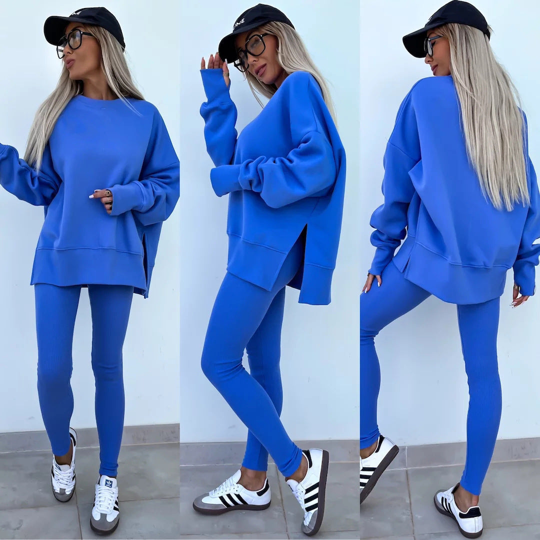 Damen komfortables Oversize-Lounge-Set mit langem Sweatshirt, gerippten High-Waist-Leggings und verlängerten Bündchen Drune