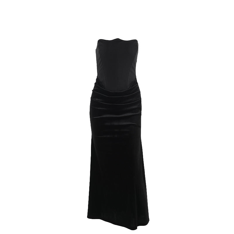 Damen elegantes A-Linien-Maxikleid mit gerafftem Oberteil und trägerlosem Design Drune