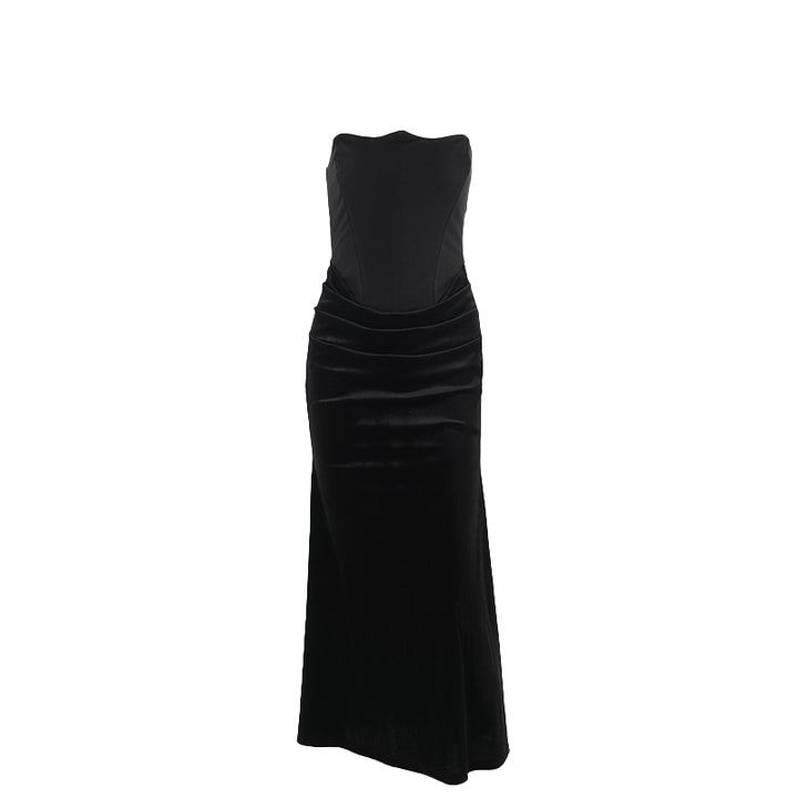 Damen elegantes A-Linien-Maxikleid mit gerafftem Oberteil und trägerlosem Design Drune