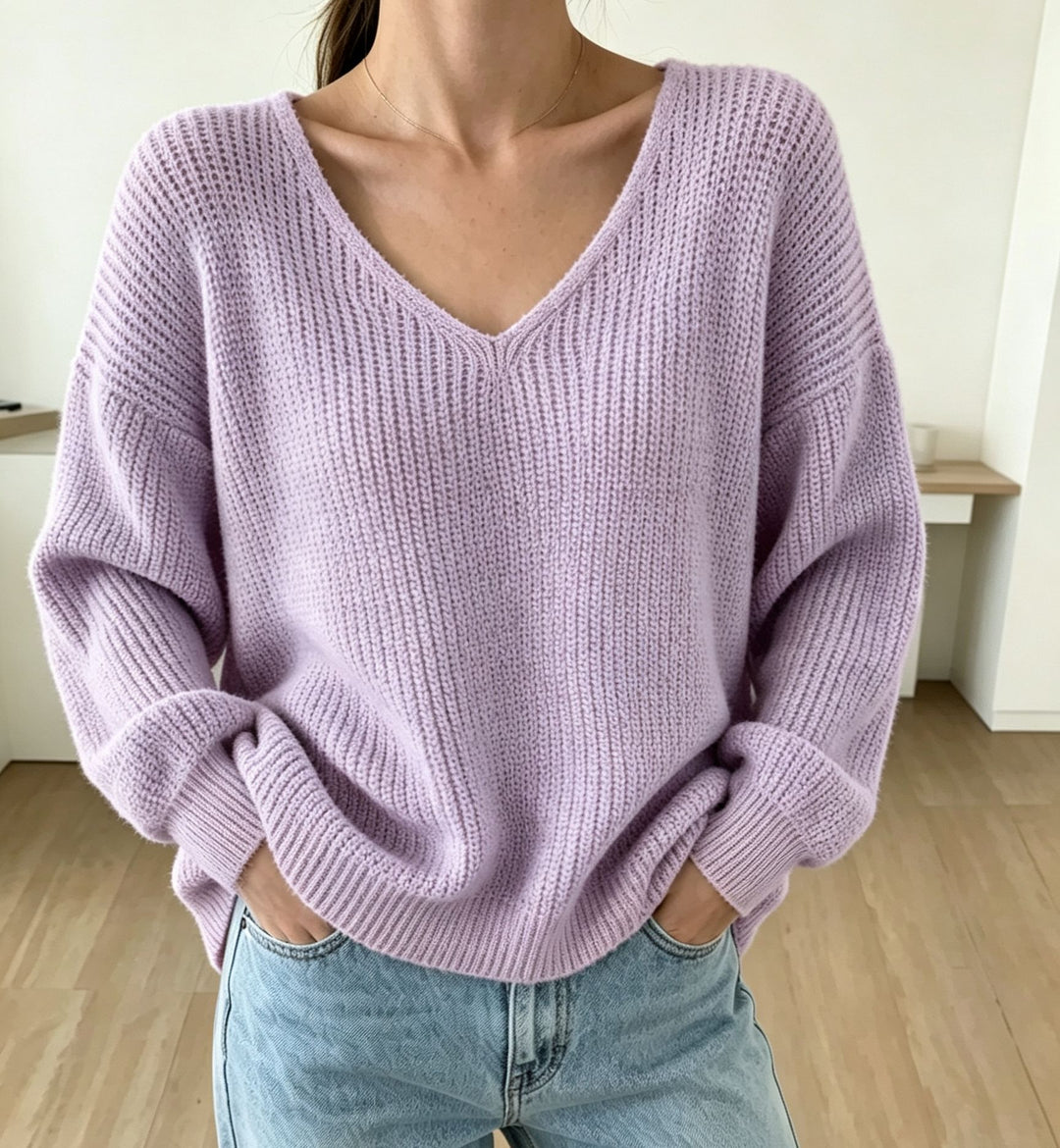 Damen Lässiger Boxy-Grobstrickpullover mit V-Ausschnitt und gerippten Bündchen Drune
