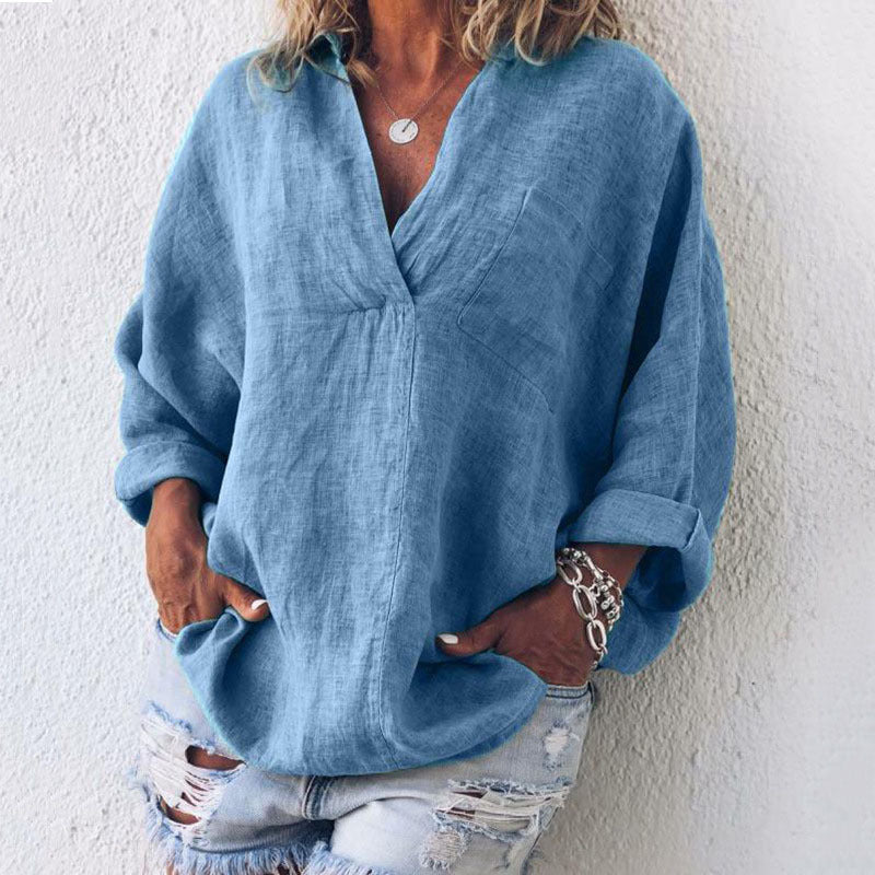 Damen Leinen Tunika Oversize mit V-Ausschnitt Brusttasche und hochrollbaren Ärmeln Drune