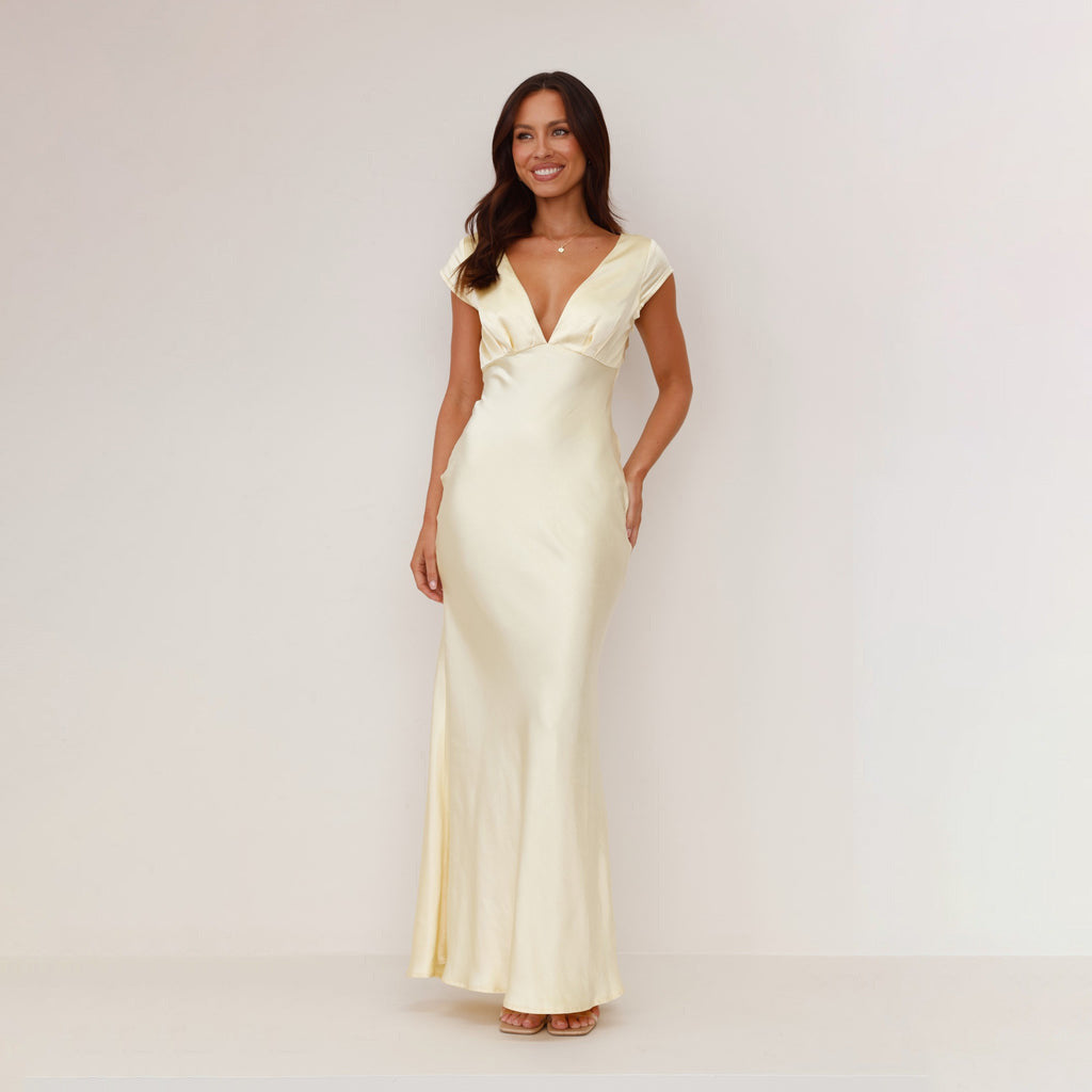 Damen Elegantes Maxikleid mit tiefem V-Ausschnitt und fließendem Satin-Stoff Drune