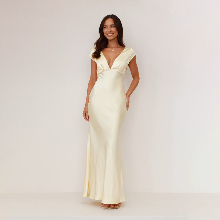 Damen Elegantes Maxikleid mit tiefem V-Ausschnitt und fließendem Satin-Stoff Drune