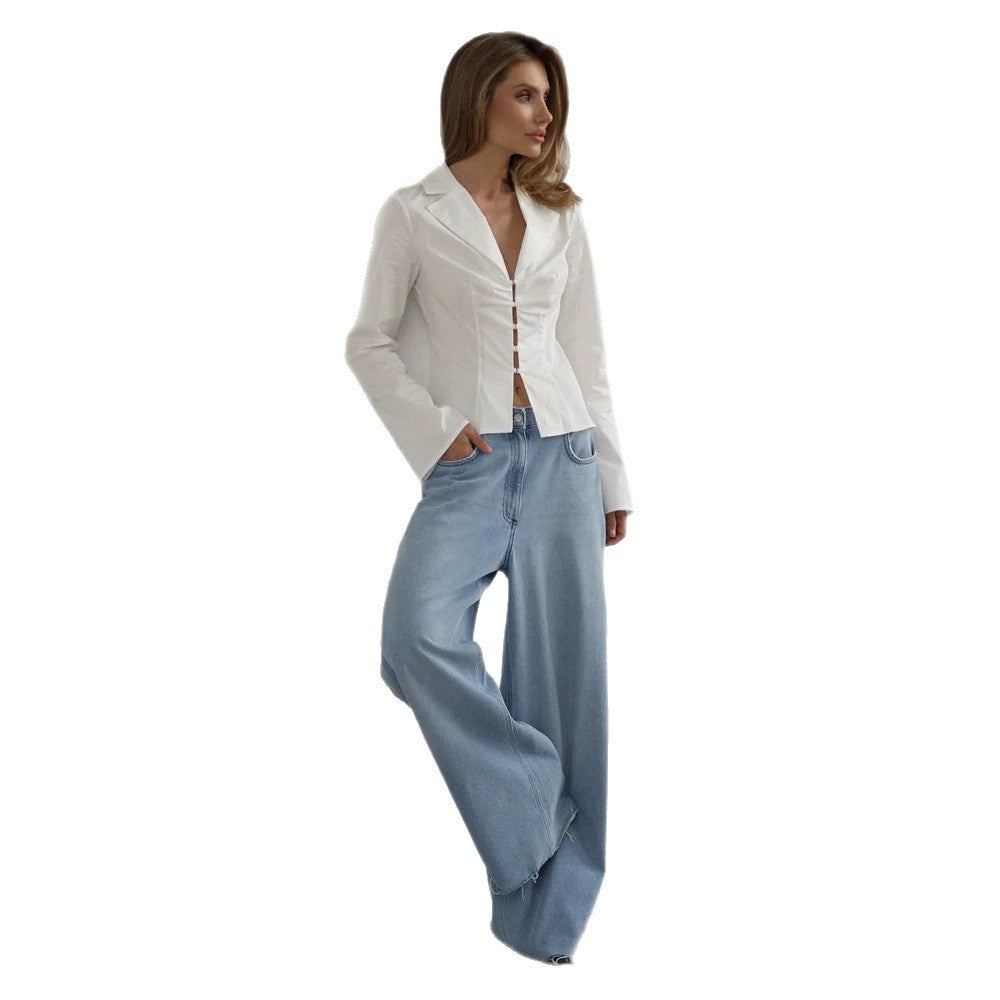Damen Taillierte Popeline-Hemdbluse mit Korsettnähten & Häkchenfront Drune