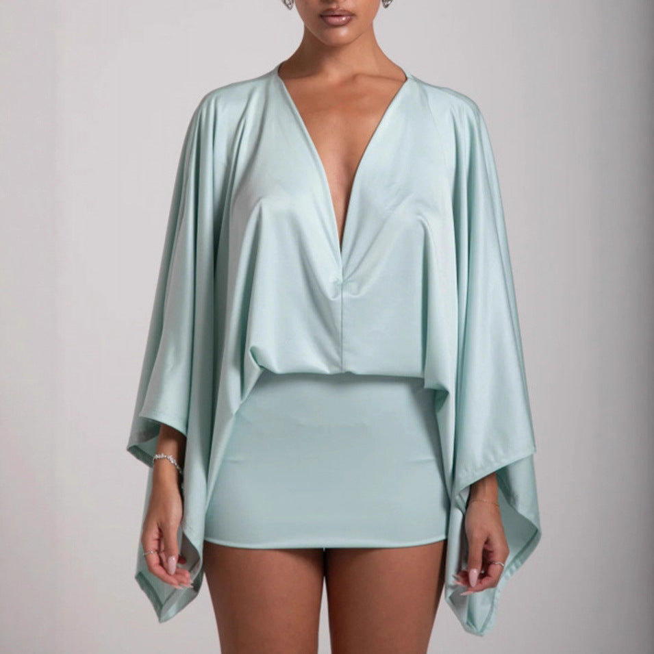 Damen nan Cape-Minikleid mit tiefem V-Ausschnitt, Fledermausärmeln und tailliertem Minirock Drune