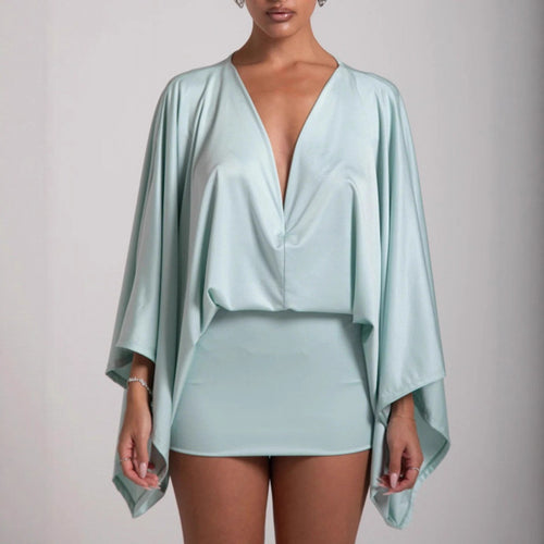 Damen nan Cape-Minikleid mit tiefem V-Ausschnitt, Fledermausärmeln und tailliertem Minirock Drune