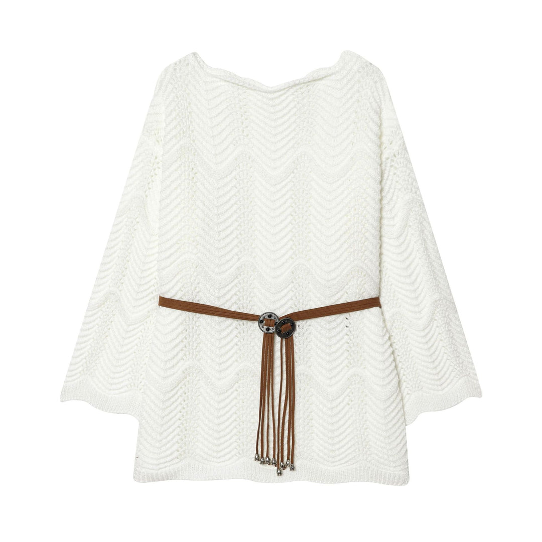 Damen nan gestricktes Poncho-Cape mit dekorativem Lederbandgürtel Drune