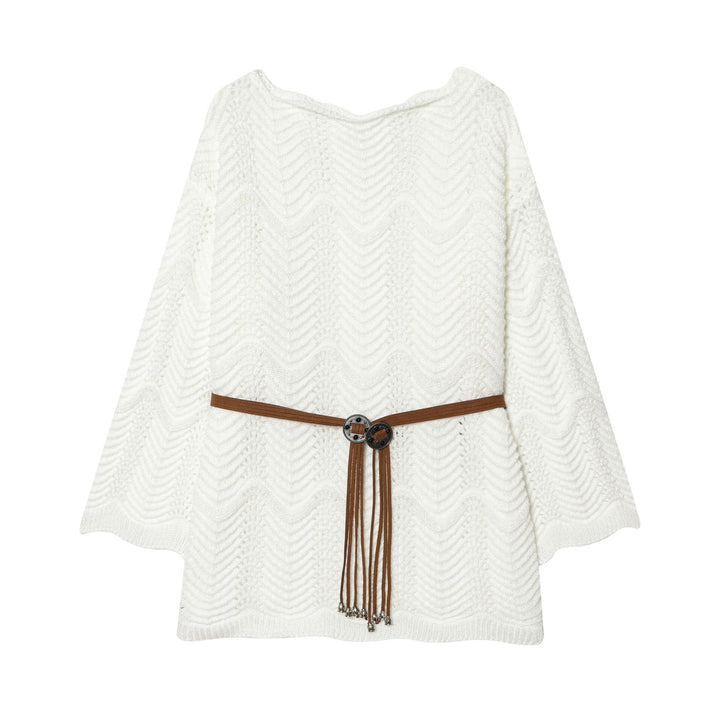 Damen nan gestricktes Poncho-Cape mit dekorativem Lederbandgürtel Drune