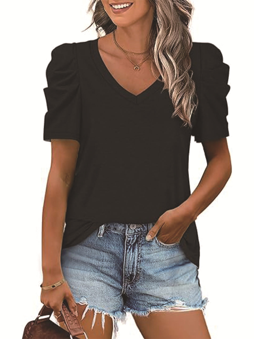 Damen trendiges V-Ausschnitt T-Shirt mit Puffärmeln Drune