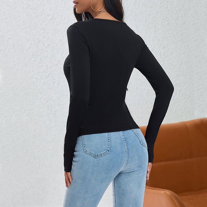 Damen asymmetrisches geripptes Longsleeve mit Diagonalknopfleiste und spitzem Saum Drune