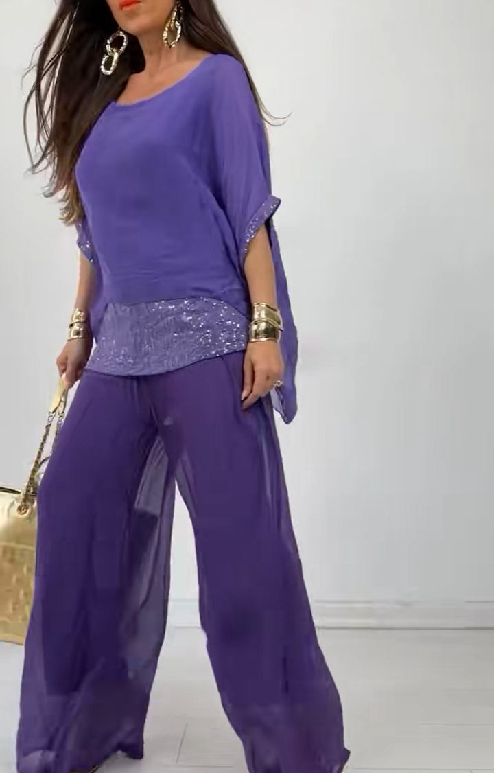 Damen Eleganter Zweiteiliger Hosenanzug mit funkelndem Oberteil Drune