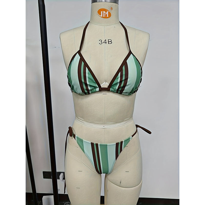 Damen Triangel-Bikini mit schulterfreien Trägern und gestreiftem Muster Drune