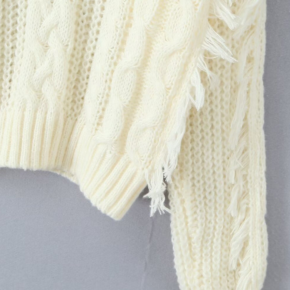 Damen Grobgestrickter V‑Ausschnitt‑Pullover mit Zopfmuster und Fransen Drune