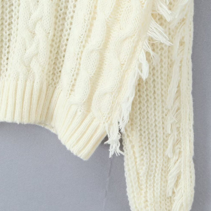 Damen Grobgestrickter V‑Ausschnitt‑Pullover mit Zopfmuster und Fransen Drune