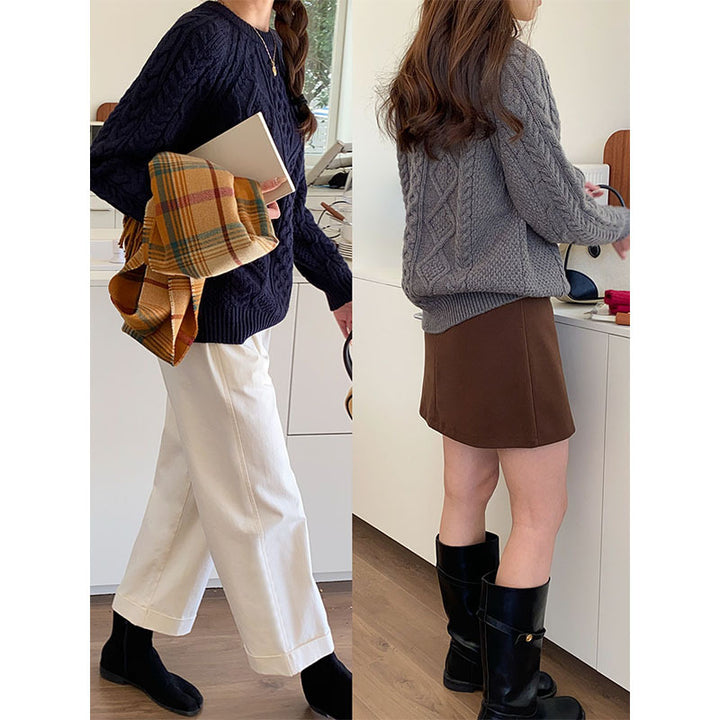 Damen lässiger Grobstrickpullover mit Zopfmuster Drune