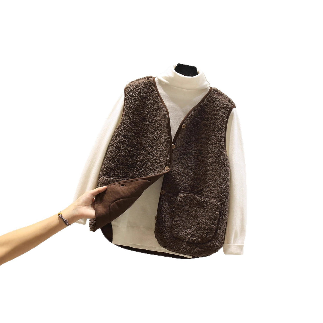 Damen Ärmellose Teddyweste mit Knopfleiste und aufgesetzten Taschen Drune