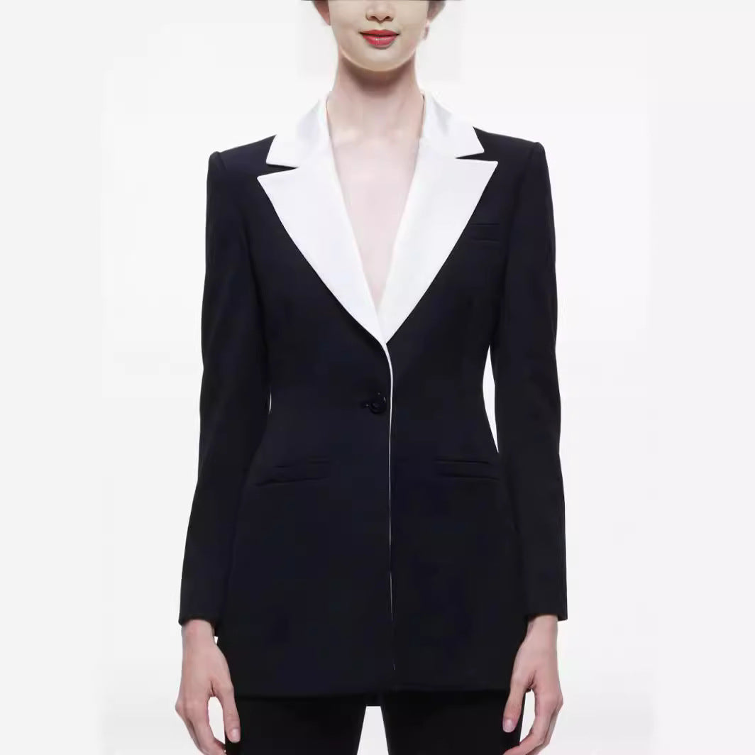 Damen Elegantes Zweiteiliges Smokingset mit kontrastierendem Schalkragen und ausgestellter Schlaghose Drune