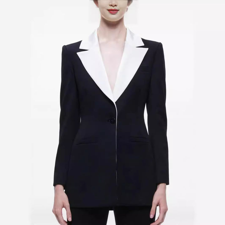 Damen Elegantes Zweiteiliges Smokingset mit kontrastierendem Schalkragen und ausgestellter Schlaghose Drune