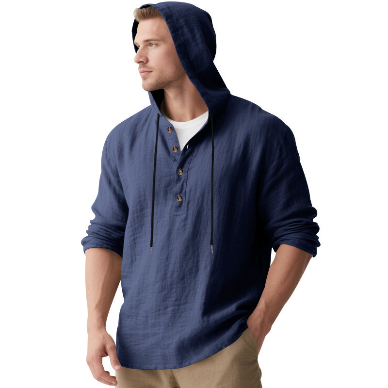 Herren nan lässiges Kapuzen-Henley Leinenmix Overshirt mit Kordelzug Drune