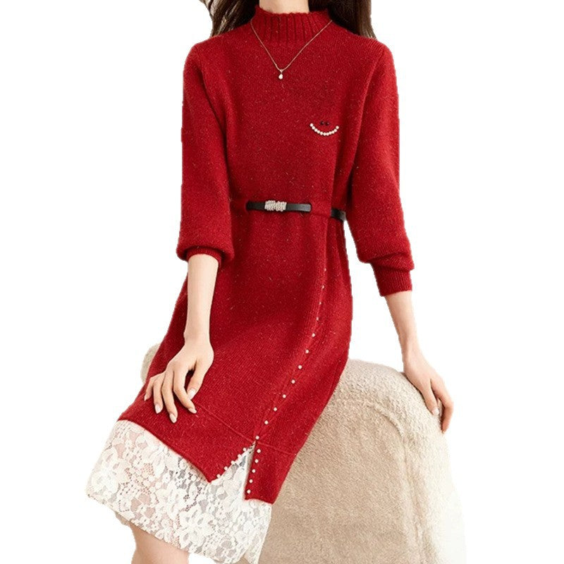 Damen Strickkleid mit elegantem Spitzensaum und taillierbarem Gürtel Drune